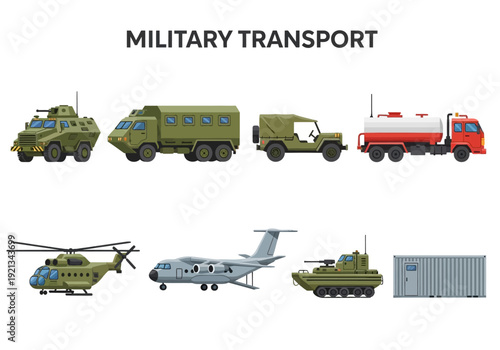 Collection of military vehicles and aircraft in a flat design style for informational or educational purposes