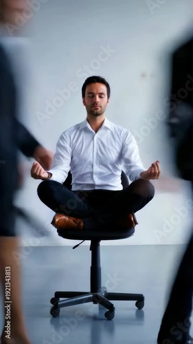 Calm businessman meditating in lotus pose on office chair while blurred colleagues rush past, mindfulness work concept, stress management, focus and productivity balance in fast paced corporate life