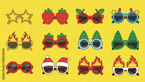 Fun and quirky collection of novelty sunglasses featuring stars, strawberries, cherries, Christmas trees, flames, and Santa hats.