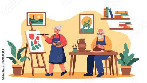 Happy elderly couple enjoying creative hobbies, with a woman painting on an easel and a man doing pottery at a table.