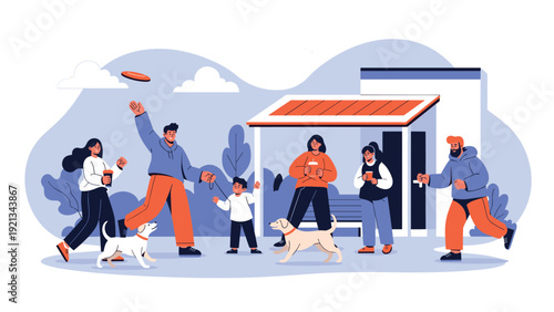 Happy families and friends enjoying outdoor activities with dogs in a park-like setting in front of modern houses.