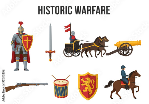 Illustrations of historic warfare knights, chariots, cannons, and cavalry from medieval and renaissance eras