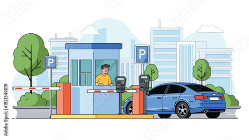 Car entering a paid parking lot through an automatic barrier, managed by an attendant in a booth, in a city environment.