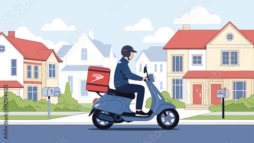 Delivery man on a scooter with a package, driving through a suburban neighborhood with houses, mailboxes, and trees.