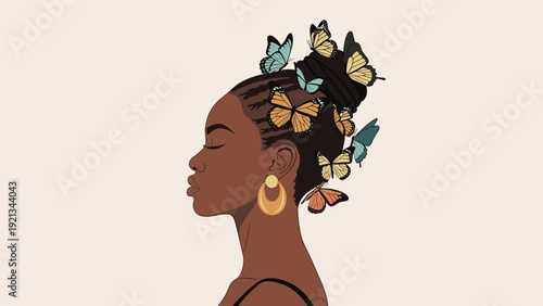 Elegant profile illustration of an African American woman with her hair styled in braids, adorned with colorful butterflies.
