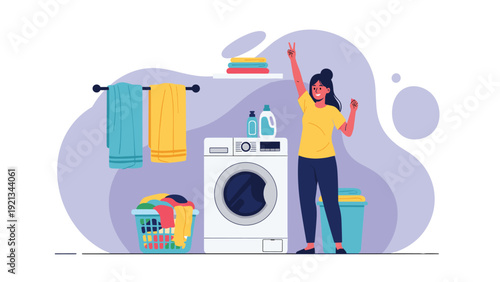 Happy young woman celebrating a successful laundry day, standing confidently next to a washing machine and baskets of clean clothes.