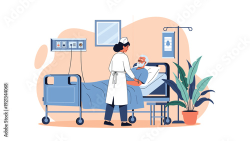 Caring nurse attending to an elderly male patient resting comfortably in a hospital bed, providing medical care and support.