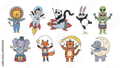 Whimsical Animal Collection: A delightful ensemble of charming animals in various playful roles, ready to spark imagination and bring a smile.