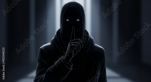 Mysterious hooded figure with glowing eyes gestures silently in a dark hallway with a beam of light