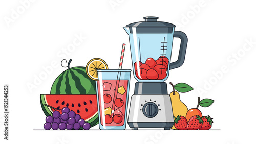 Arrangement of fresh fruits and a blender, ready for making a healthy smoothie or juice, including watermelon, grapes, and strawberries.