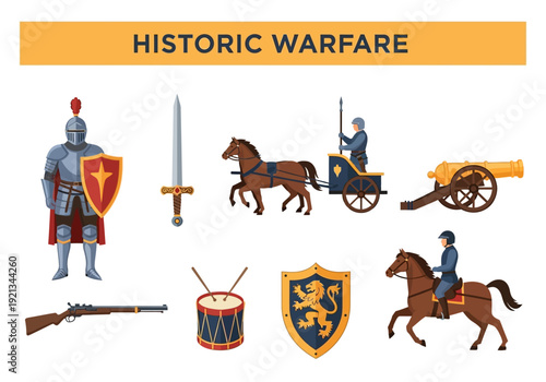 Collection of historic warfare elements including knight, sword, chariot, cannon, rifle, drum, shield, and horse rider