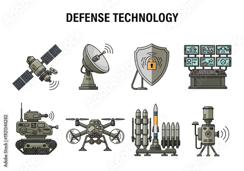 Collection of defense technology illustrations including drones, satellites, missiles, and communication systems
