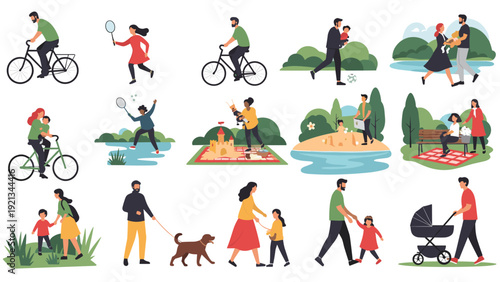 Diverse collection of families and couples enjoying various outdoor activities like cycling, playing badminton, walking with pets, and picnics in a park.