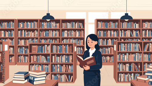Woman standing in a grand library surrounded by towering bookshelves filled with books, engrossed in reading a novel.