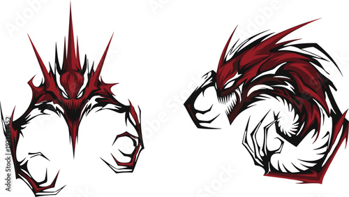 Abstract monstrous fantasy creatures illustration, surreal horror concept art with spiky symmetrical demon and swirling dragon‑like figure, eerie nightmare design for dark projects