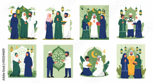 Eid Al-Adha Celebrations - Families Exchanging Gifts in Traditional Attire.