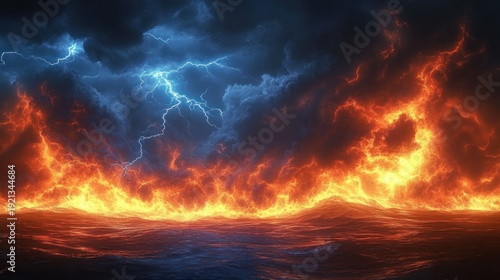 Turbulent ocean beneath dark storm clouds, a fiery wall of flames along the horizon and electric blue lightning, intense apocalyptic seascape