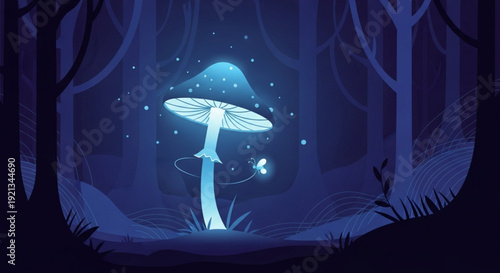 Glowing blue mushroom in a dark forest with fireflies mystical night scene with fantasy elements and magical atmosphere whimsical illustration