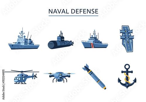 Collection of naval defense equipment including ships, submarines, helicopters, and drones