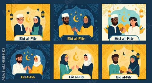 Eid al-Fitr celebrations with diverse couples in traditional attire.