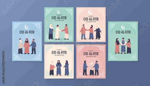 Eid al-Fitr greeting cards featuring illustrations of people celebrating.