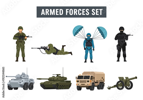 Collection of military vehicles and soldiers in a flat vector illustration style for various designs