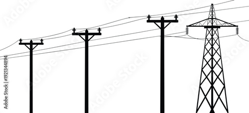 Electric utility pole and transmission tower silhouette showing power line distribution, electricity infrastructure energy network