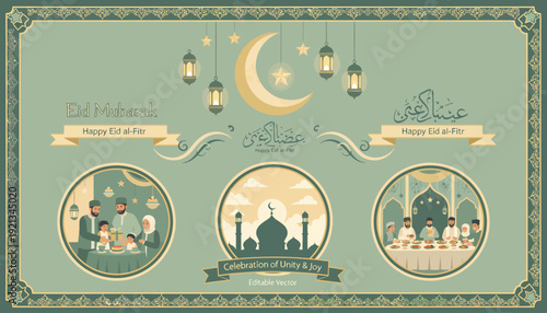 Eid Mubarak Celebration with Crescent Moon, Lanterns, and Festive Gatherings.