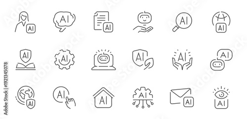 Artificial intelligence line icons set with chatbot, automation, robotics and digital technology concepts