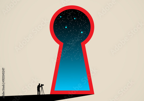 An astronaut looking through a giant red keyhole to the stars