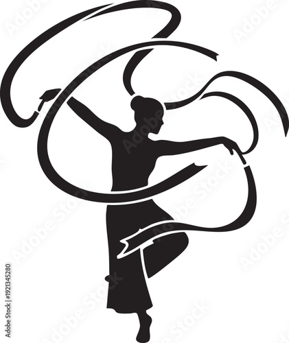 Graceful silhouette of a dancer performing with flowing ribbons