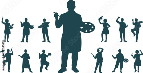 Collection of professional artist silhouettes featuring painters holding palettes and brushes in various creative poses for art studio design projects.