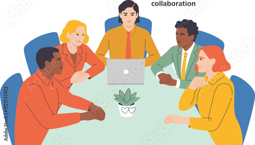 Diverse team of professionals collaborating around a table with a laptop and plant