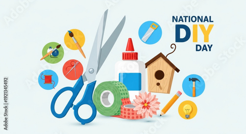 National diy day illustration with tools and supplies for crafting and home improvement projects