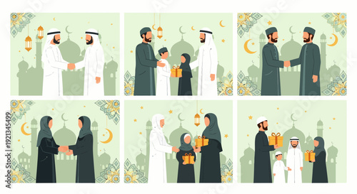 Illustrations of Muslim families celebrating Eid with gifts and greetings.