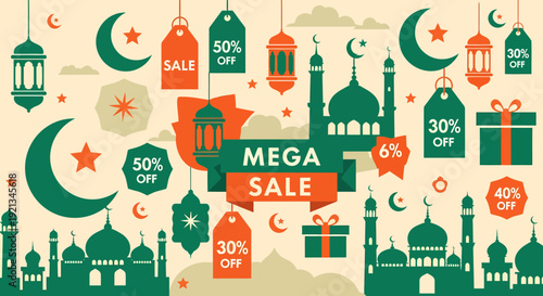 Ramadan Mega Sale with Islamic Symbols and Discounts.