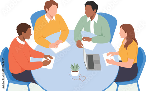 Diverse group of four colleagues collaborating around a round table in a modern office setting