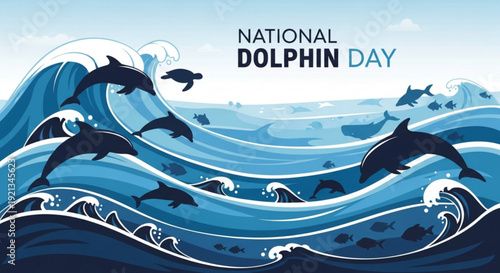 Dolphins swimming in ocean waves on national dolphin day with blue water and white foam