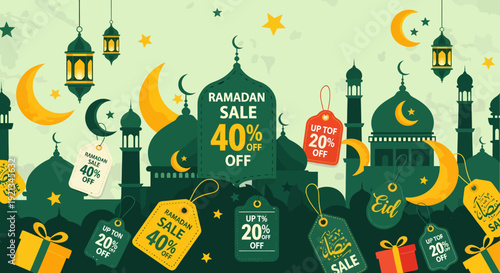 Ramadan Sale Illustration with Mosques, Lanterns, and Discount Tags.
