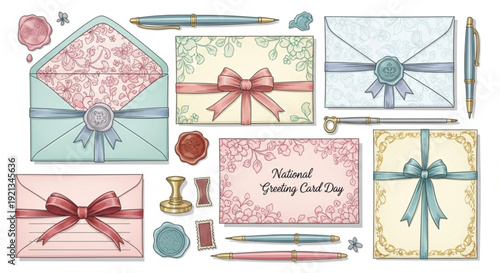 Colorful stationery set with envelopes cards bows pens and wax seals for national letter writing day or greeting card design