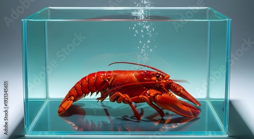 Live red lobster in a clear water glass aquarium tank