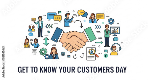 Get to know your customers day illustration with handshake and people icons around