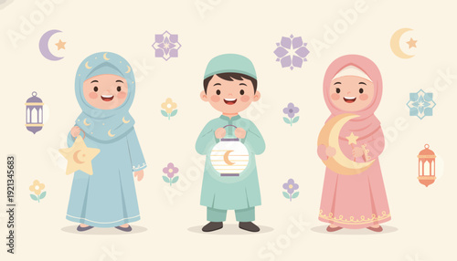 Three Children Celebrating Ramadan with Lanterns and Traditional Clothing.