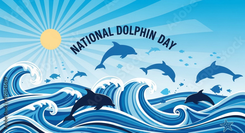 Dolphins celebrate national dolphin day with waves and sunlight in ocean