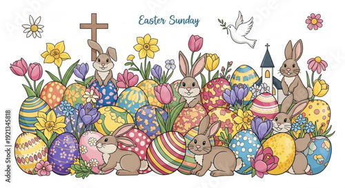 Easter sunday celebration with colorful eggs and bunnies amidst flowers and symbols