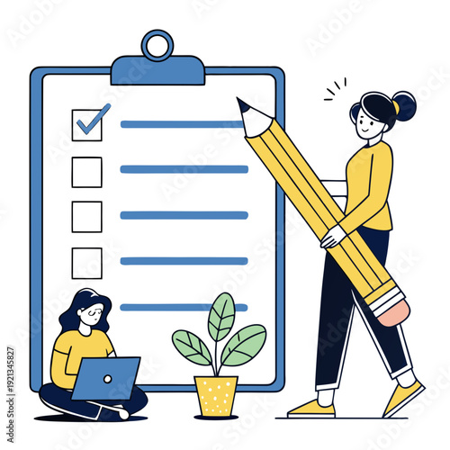 Two coworkers working together on a task list Vector