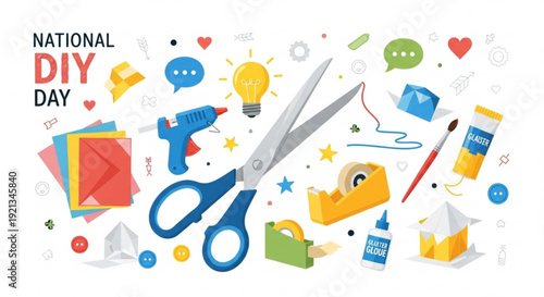 National diy day illustration with tools and crafting supplies on white background