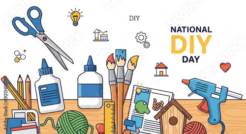 National diy day illustration with tools and supplies on a workbench