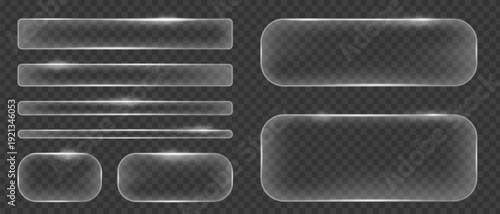 Glasmorphism liquid button frames, Glass texture geometric rectangular and round shapes, Blurred glass effect with glare.