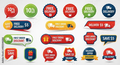 Collection of Delivery Discount and Sale Offer Badges.